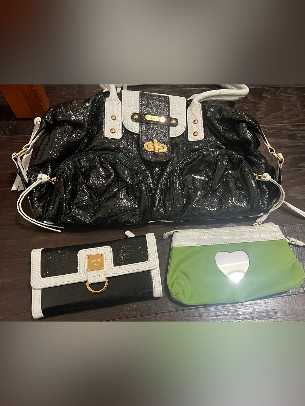 Sharif Studio 3-Piece Black & White Patent Croc-Embossed Y2K Bag Set Like New